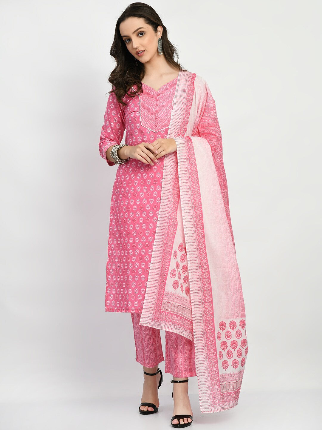 

KALINI Ethnic Motifs Printed Pure Cotton Kurta with Trousers & With Dupatta, Pink