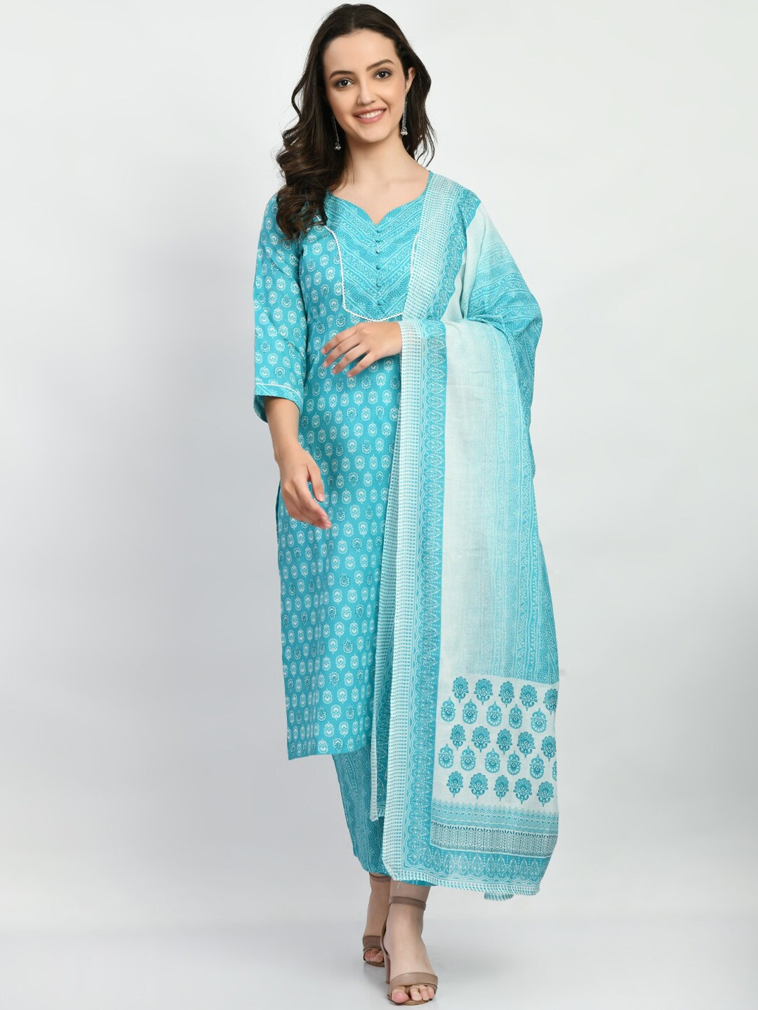 

KALINI Ethnic Motifs Printed Pure Cotton Kurta with Trousers & With Dupatta, Blue