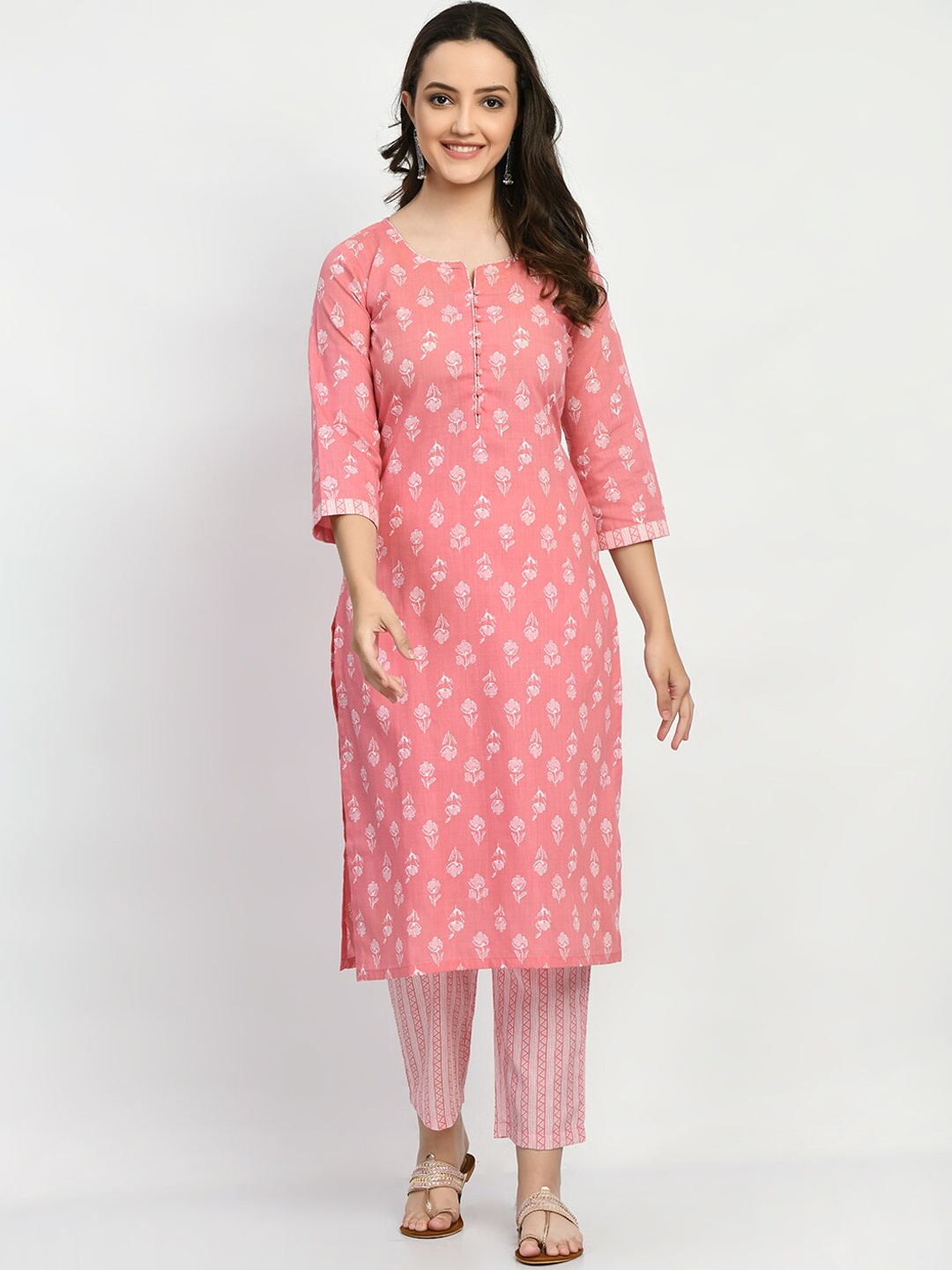 

KALINI Floral Printed Pure Cotton Kurta & Trousers With Dupatta, Pink