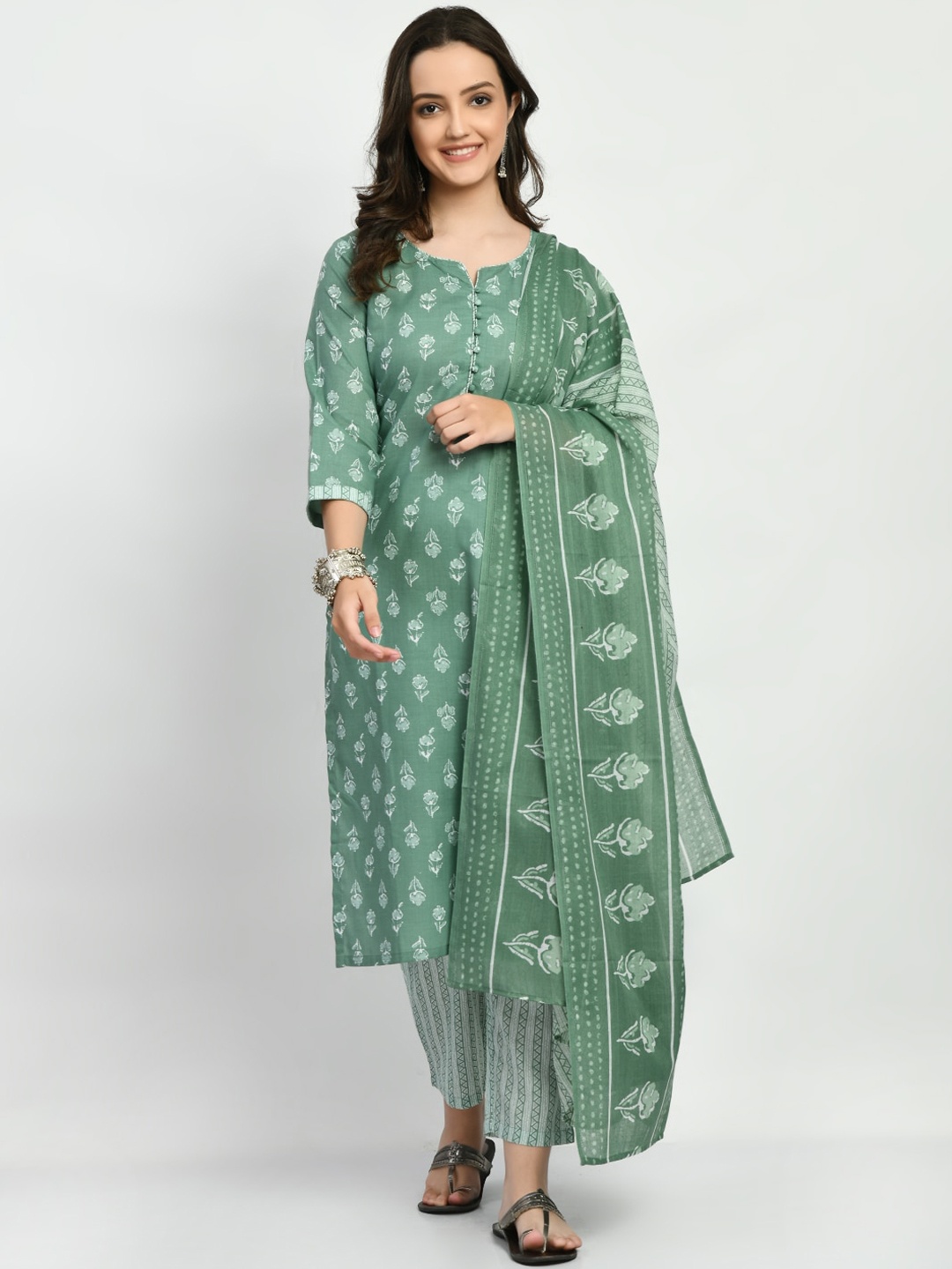 

KALINI Floral Printed Regular Pure Cotton Kurta With Trousers & Dupatta, Green