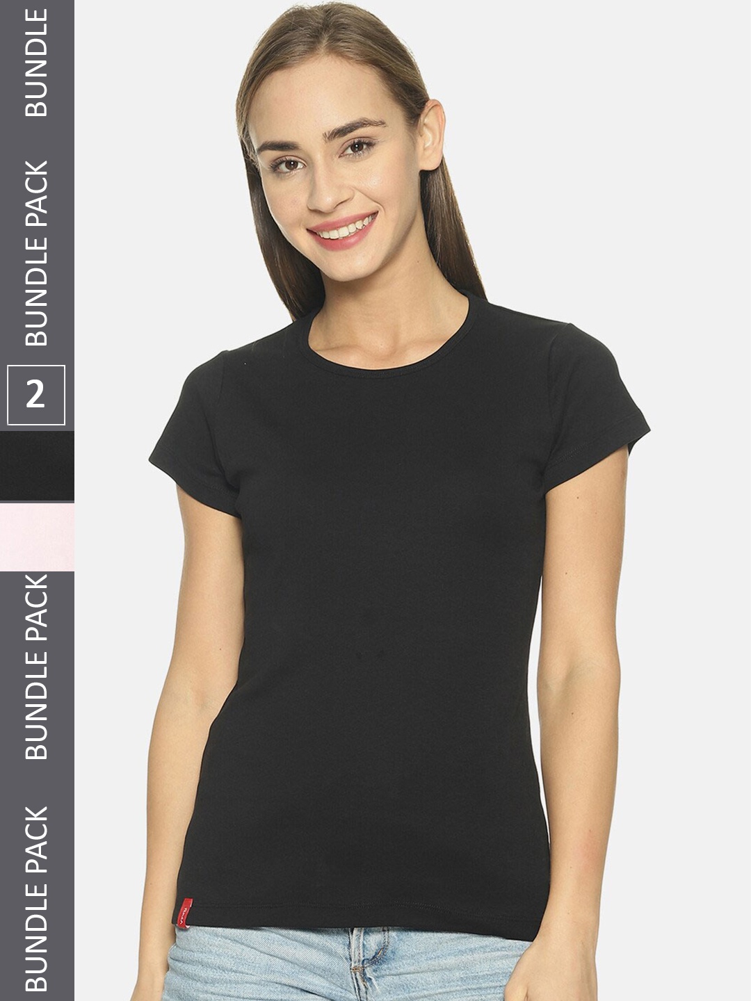 

FEMEA Pack Of 2 Slim Fit Cotton Knitted T-shirts, Black