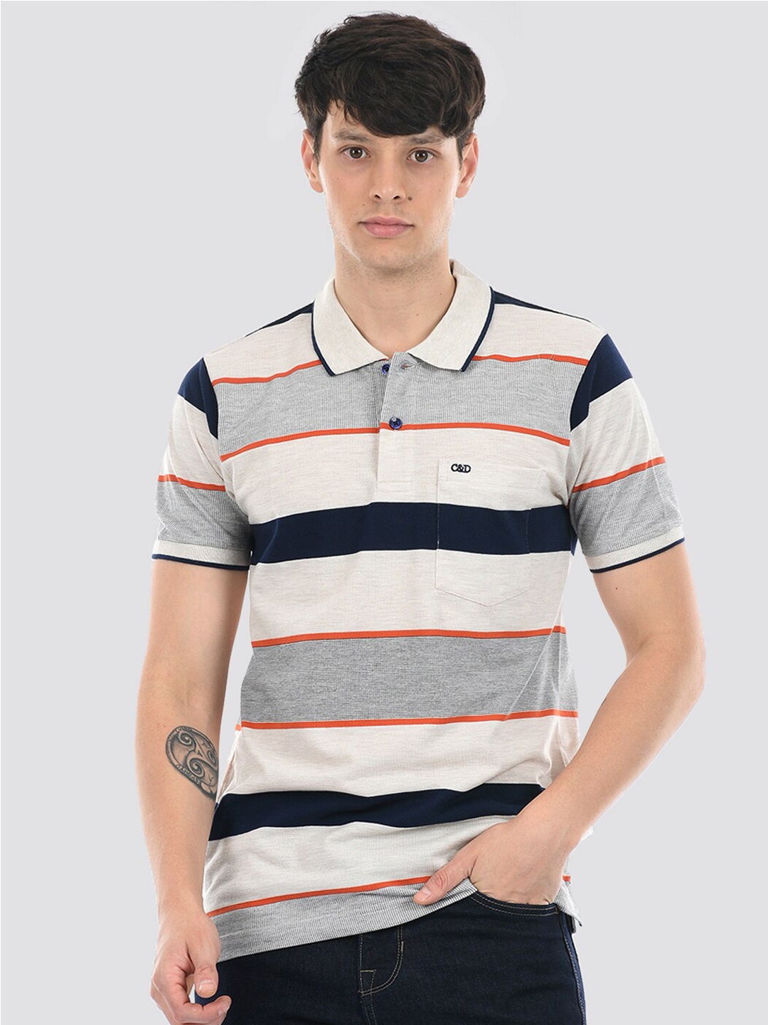 

Cloak & Decker by Monte Carlo Striped Polo Collar Cotton T-shirt, White