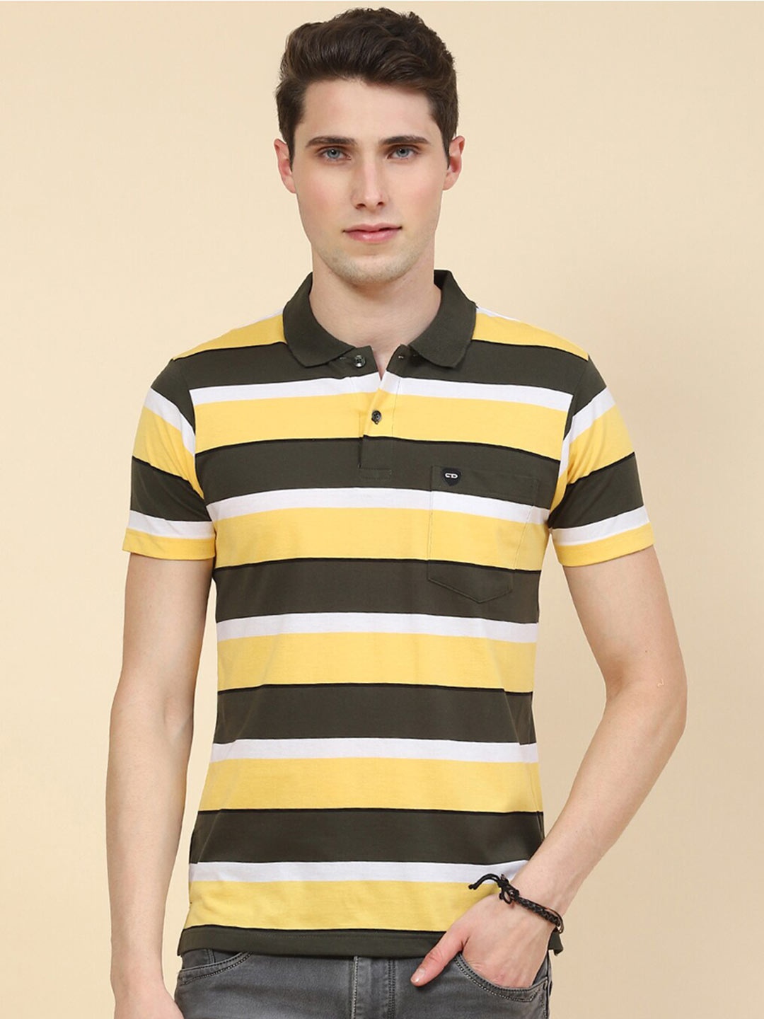 

Cloak & Decker by Monte Carlo Men Multicoloured 2 Striped Polo Collar Pockets T-shirt, Multi