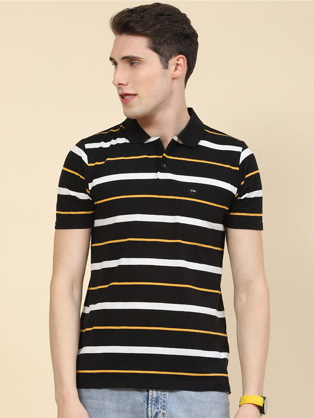 

Cloak & Decker by Monte Carlo Men Multicoloured 2 Striped Polo Collar Pockets T-shirt, Multi