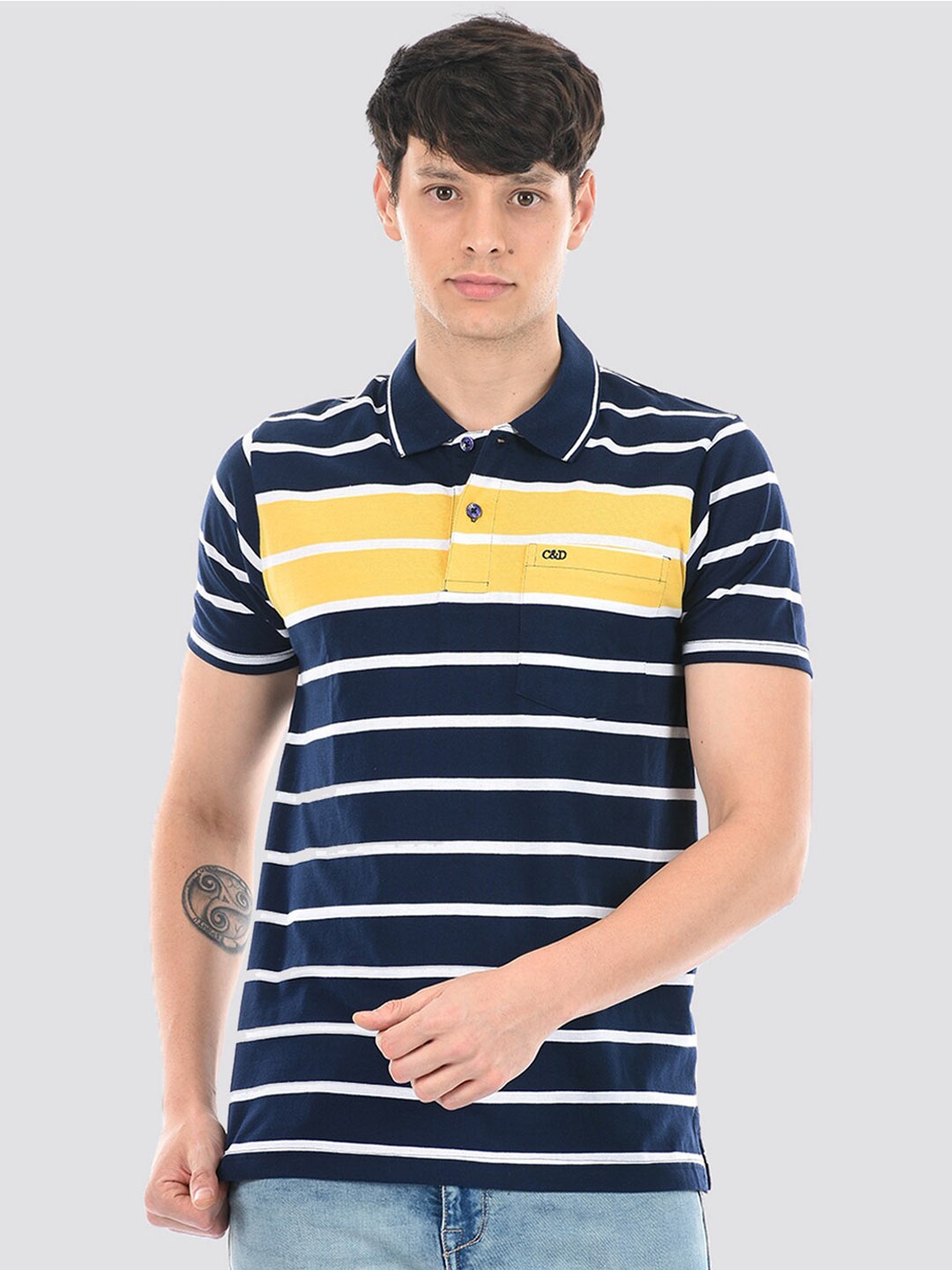 

Cloak & Decker by Monte Carlo Striped Polo Collar Cotton T-shirt, Navy blue