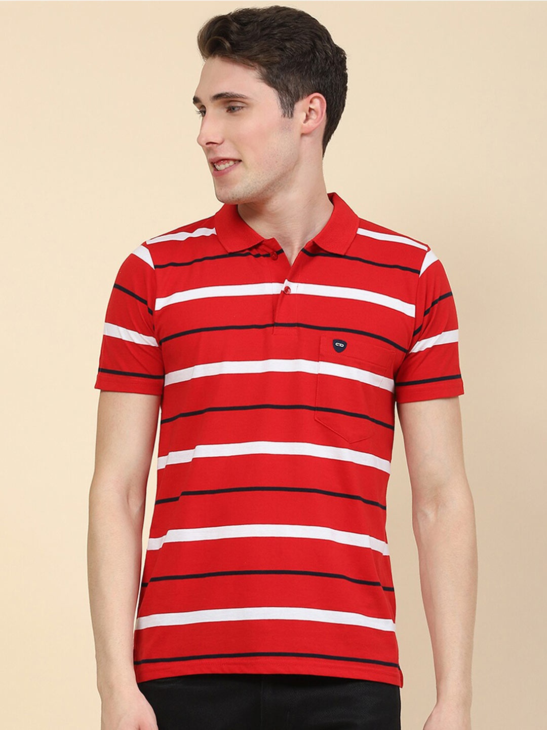 

Cloak & Decker by Monte Carlo Cotton Striped Printed Polo Collar Casual T-Shirt, Red
