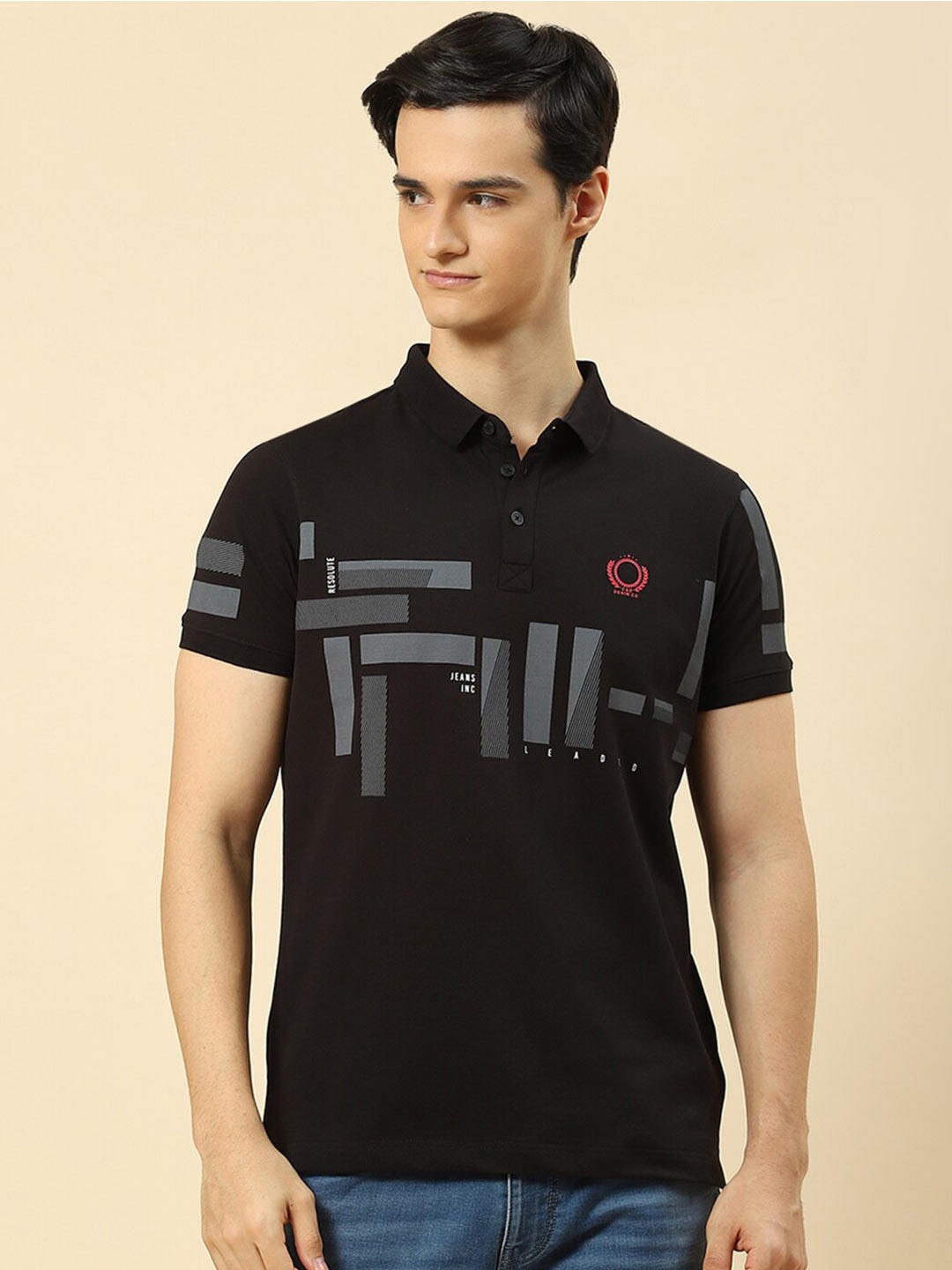 

Cloak & Decker by Monte Carlo Geometric Printed Polo Collar Cotton T-shirt, Black