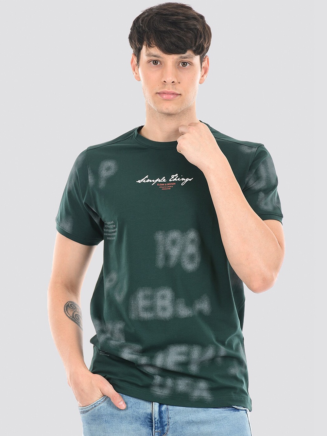 

Cloak & Decker by Monte Carlo Typography Printed Cotton T-Shirt, Green