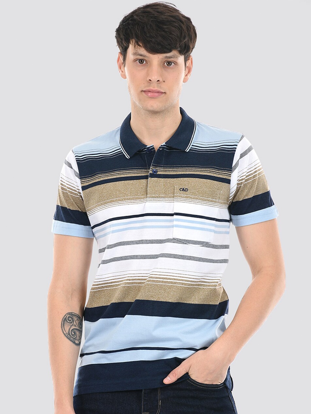 

Cloak & Decker by Monte Carlo Plus Size Striped Polo Collar Cotton Knitted T-shirt, Blue