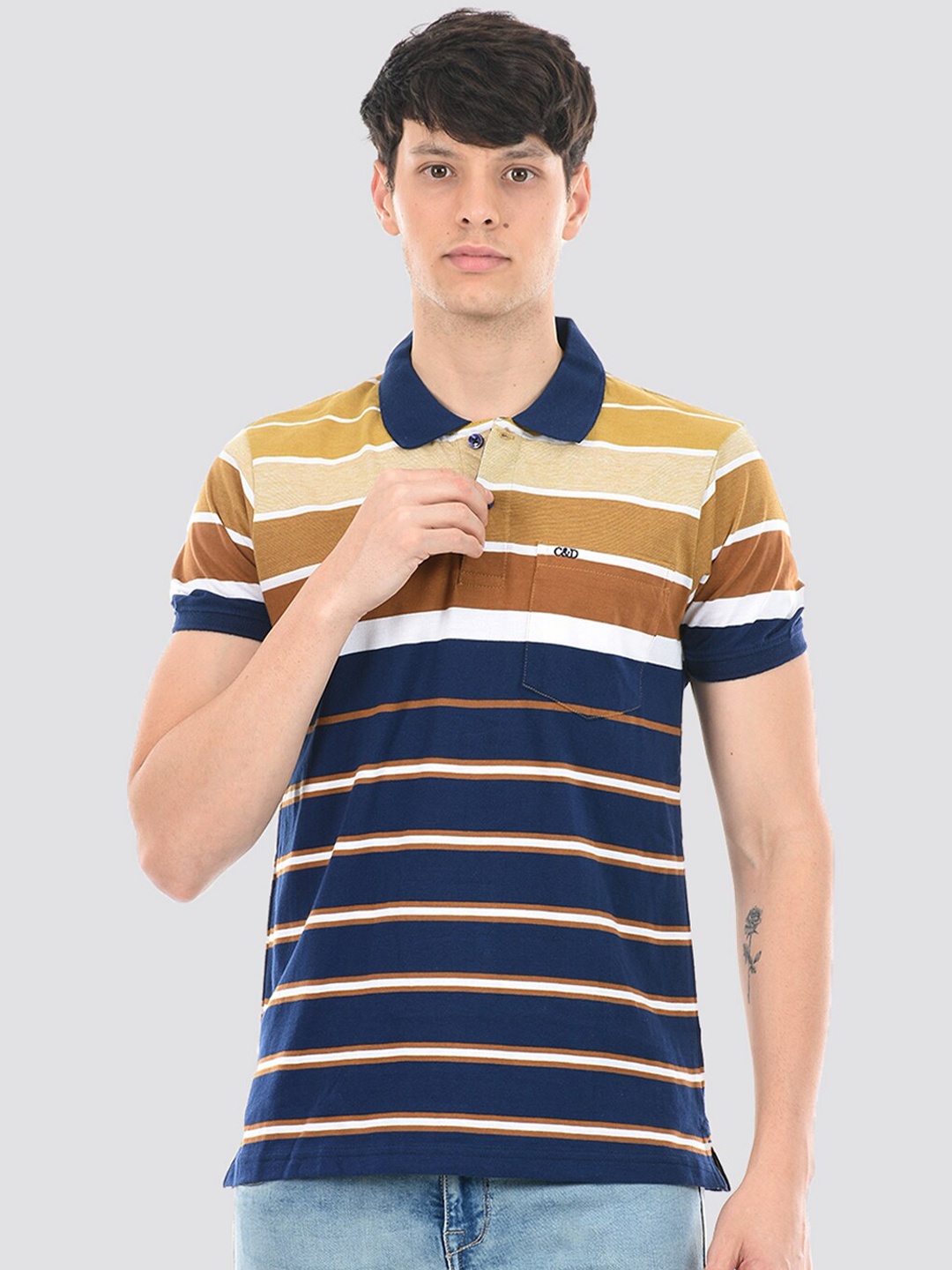 

Cloak & Decker by Monte Carlo Striped Polo Collar Cotton Knitted T-shirt, Navy blue