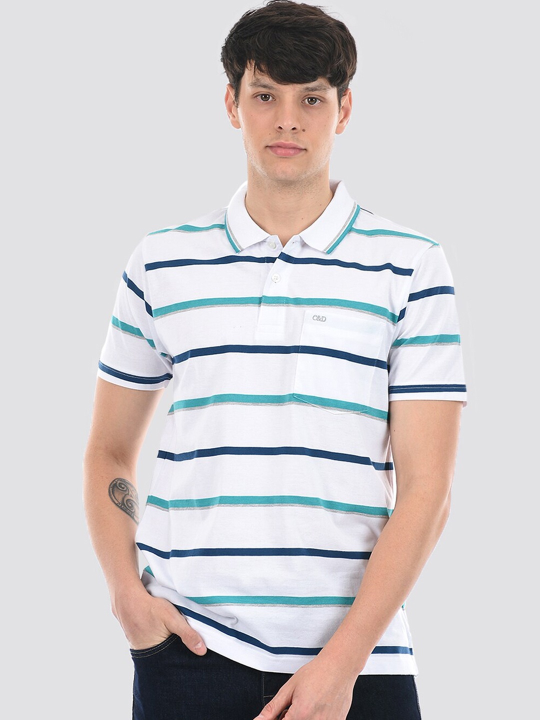 

Cloak & Decker by Monte Carlo Striped Polo Collar Cotton T-shirt, White