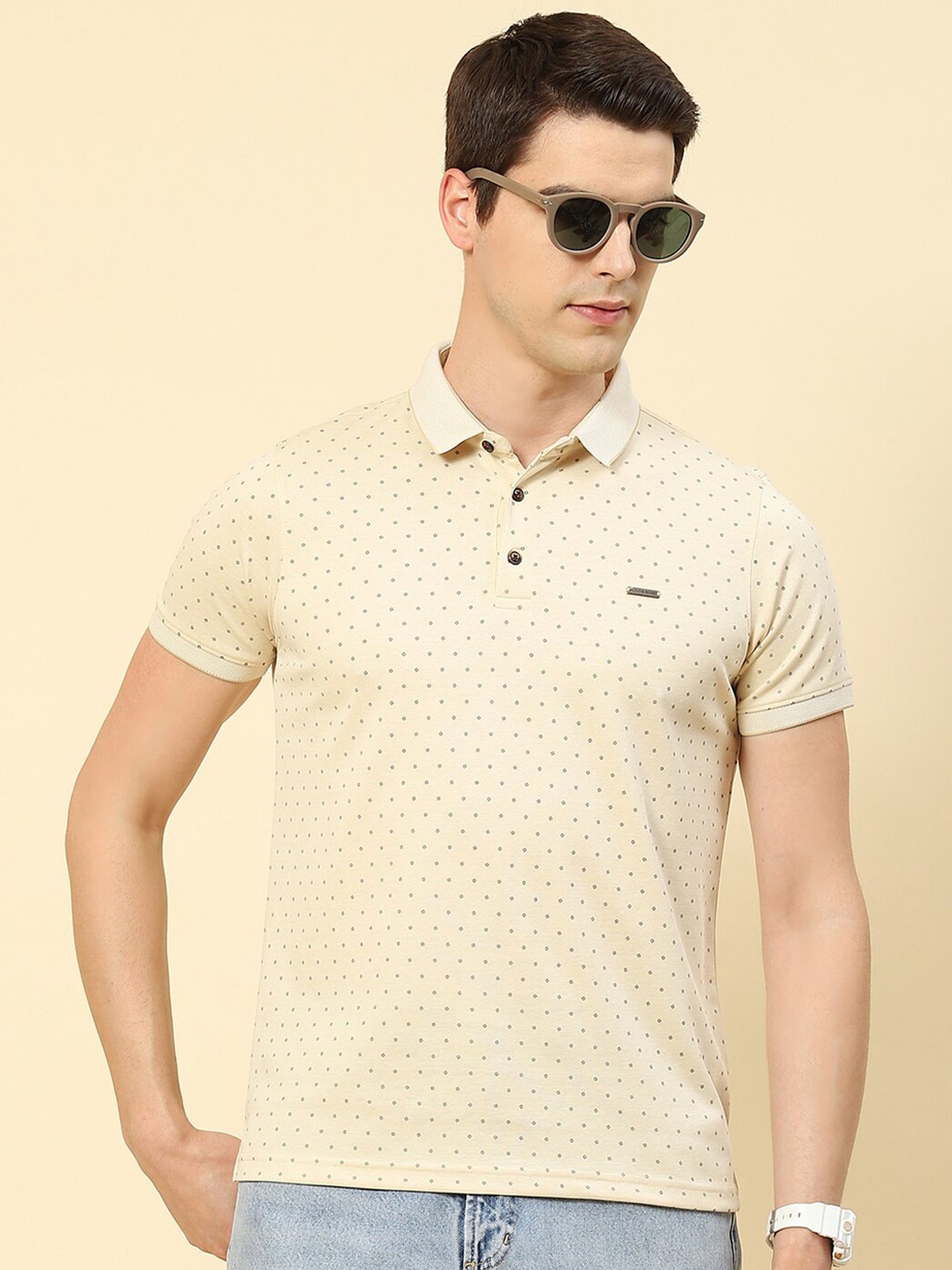 

Cloak & Decker by Monte Carlo Polka Dot Printed Polo Collar Cotton T-Shirt, Yellow