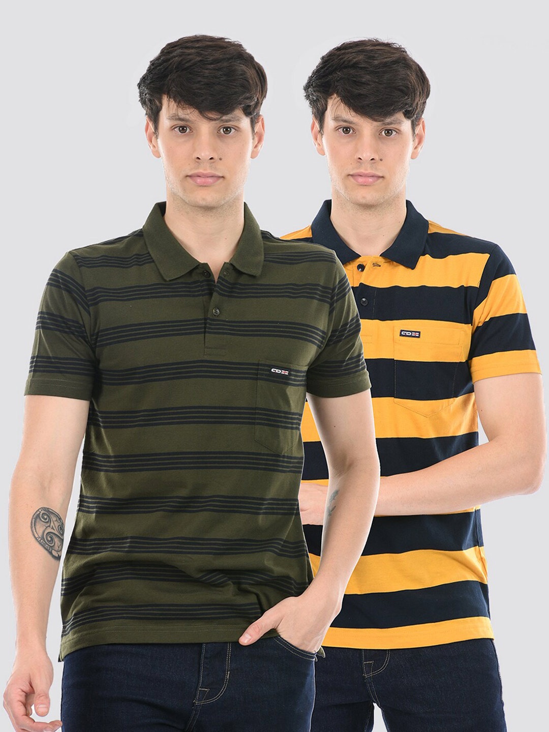 

Cloak & Decker by Monte Carlo Pack Of 2 Striped Polo Collar Cotton T-shirt, Olive