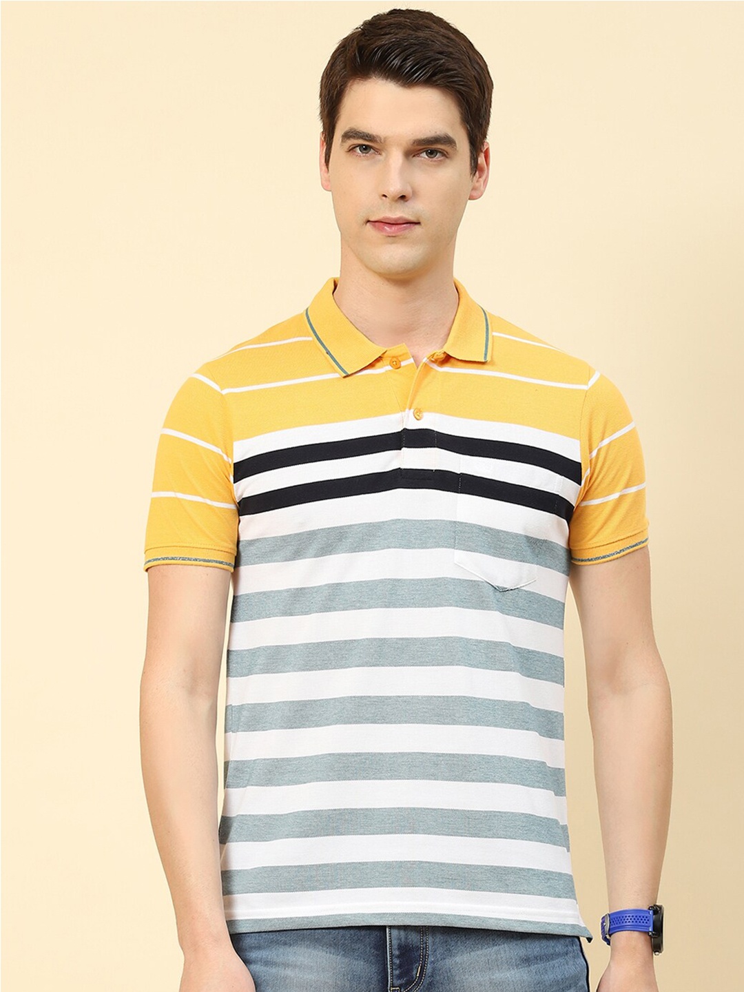 

Cloak & Decker by Monte Carlo Striped Polo Collar Cotton Casual T-shirt, White