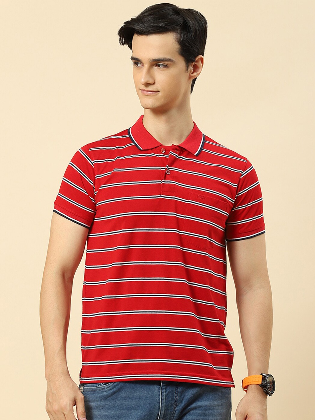 

Cloak & Decker by Monte Carlo Striped Polo Collar Cotton T-shirt, Red