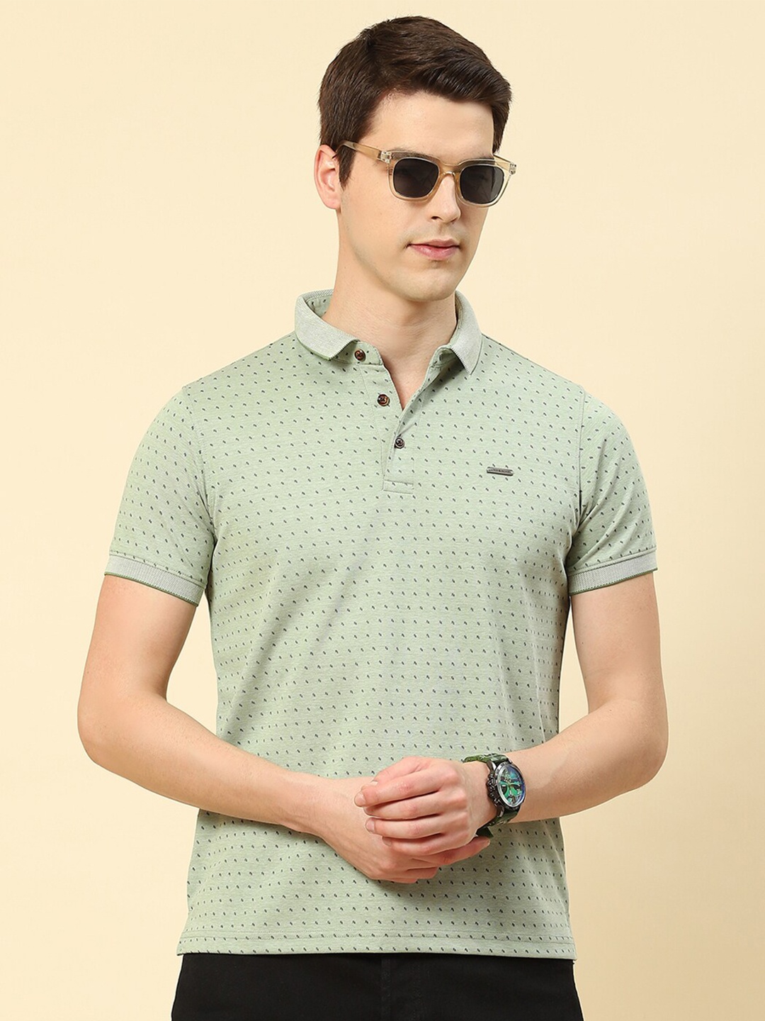 

Cloak & Decker by Monte Carlo Micro Ditsy Printed Polo Collar Cotton T-shirt, Green