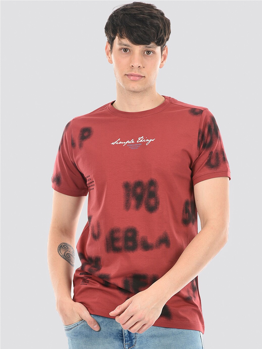 

Cloak & Decker by Monte Carlo Typography Printed Cotton T-shirt, Maroon