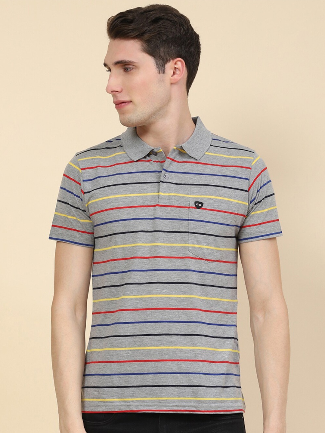 

Cloak & Decker by Monte Carlo Plus Size Striped Polo Collar Knitted T-shirt, Grey