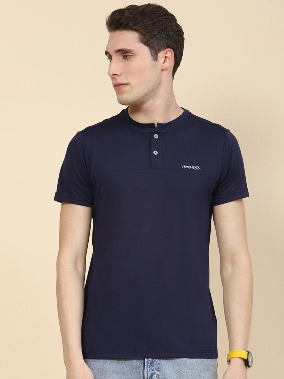 

Cloak & Decker by Monte Carlo Henley Neck Cotton T-shirt, Navy blue
