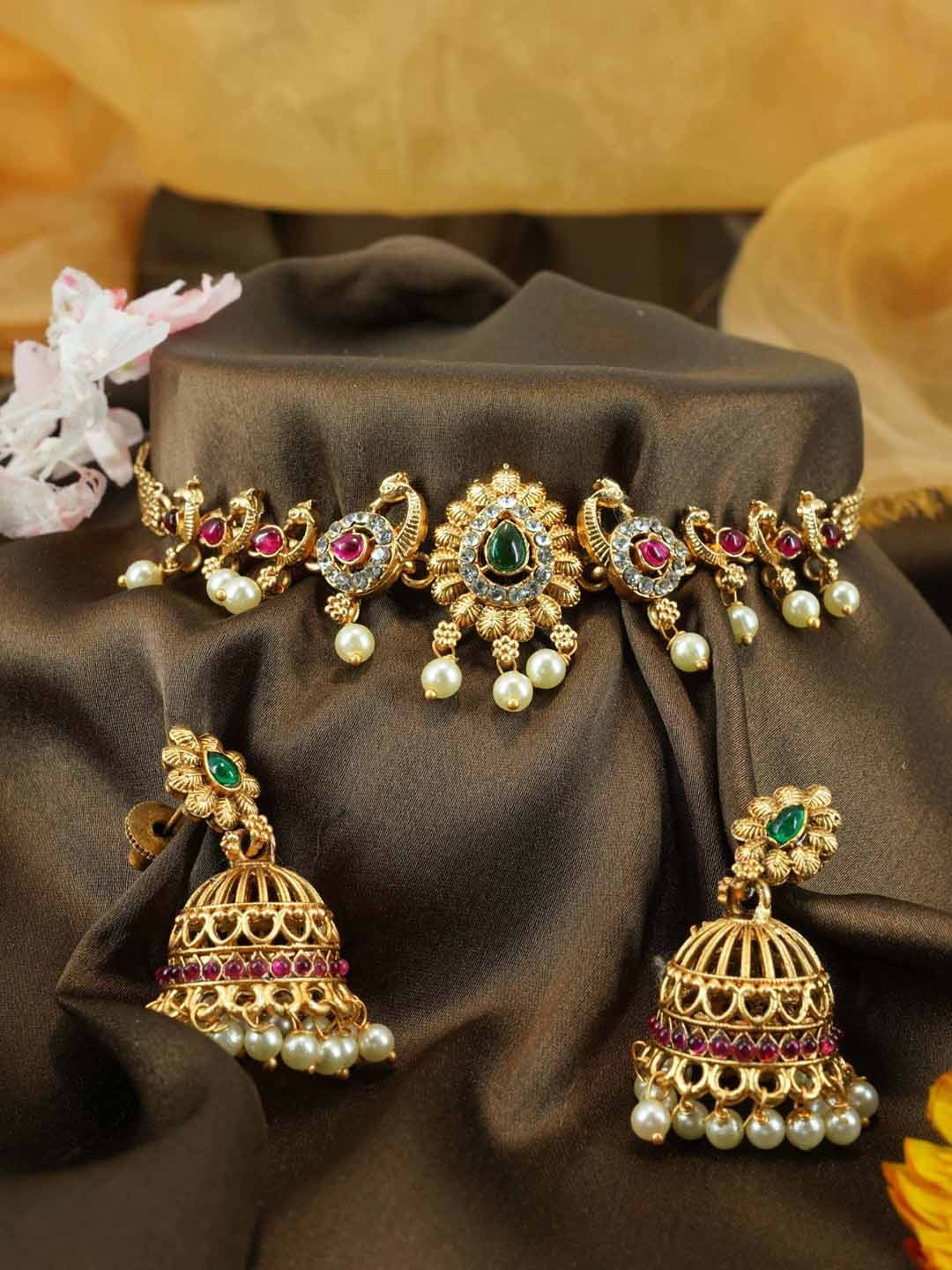 

GRIIHAM Gold-Plated AD-Studded & Beaded Necklace & Earrings