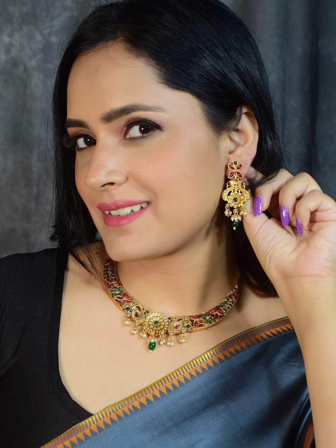 

GRIIHAM Gold-Plated AD-Studded & Beaded Jewellery Set