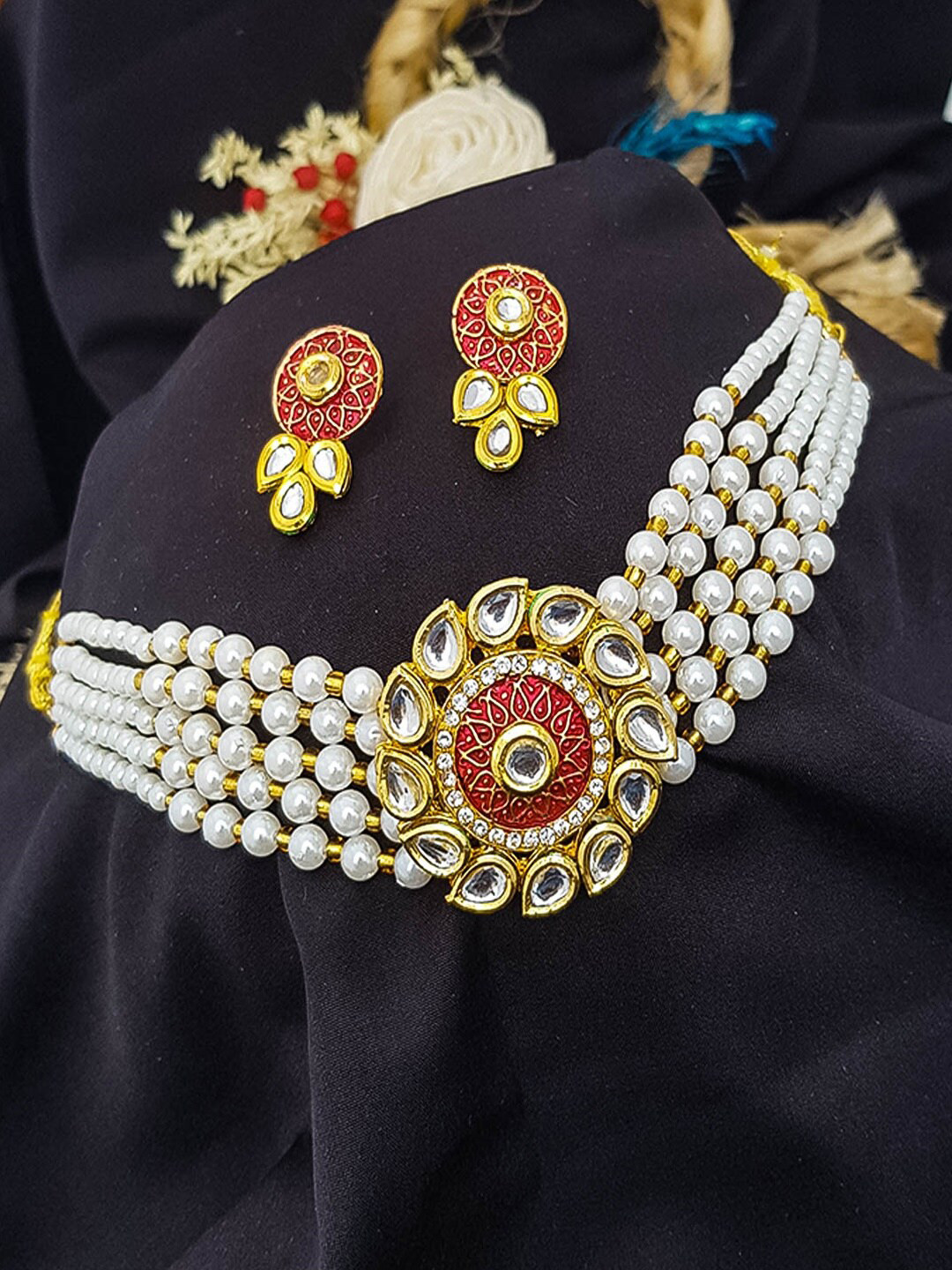 

GRIIHAM Gold-Plated AD-Studded & Beaded Jewellery Set