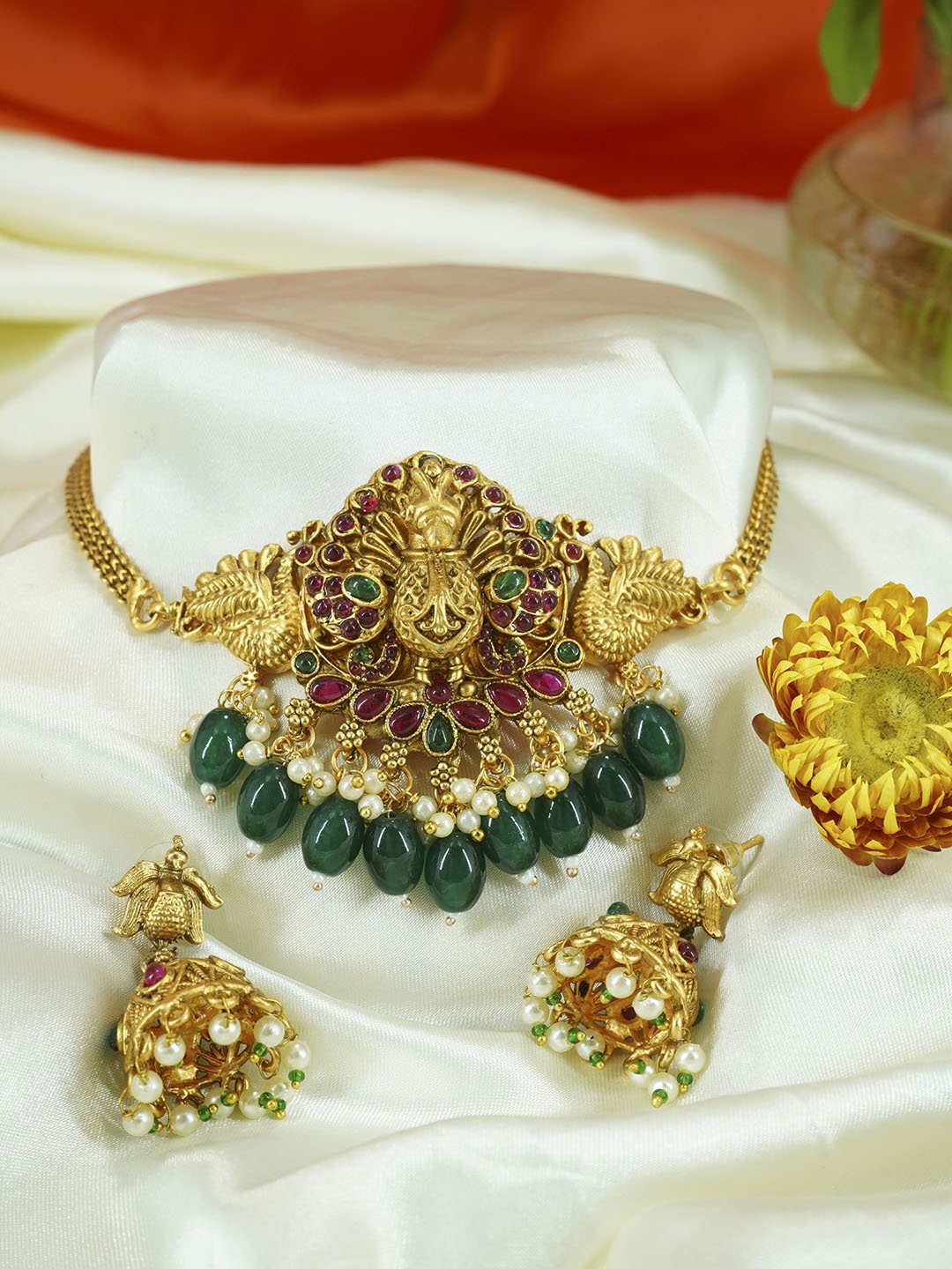 

GRIIHAM Gold-Plated AD-Studded & Beaded Jewellery Set