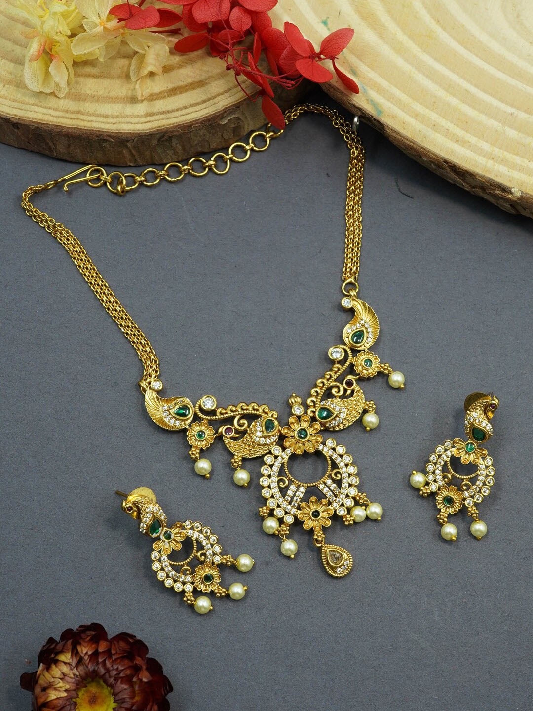 

GRIIHAM Gold-Plated AD-Studded & Beaded Jewellery Set