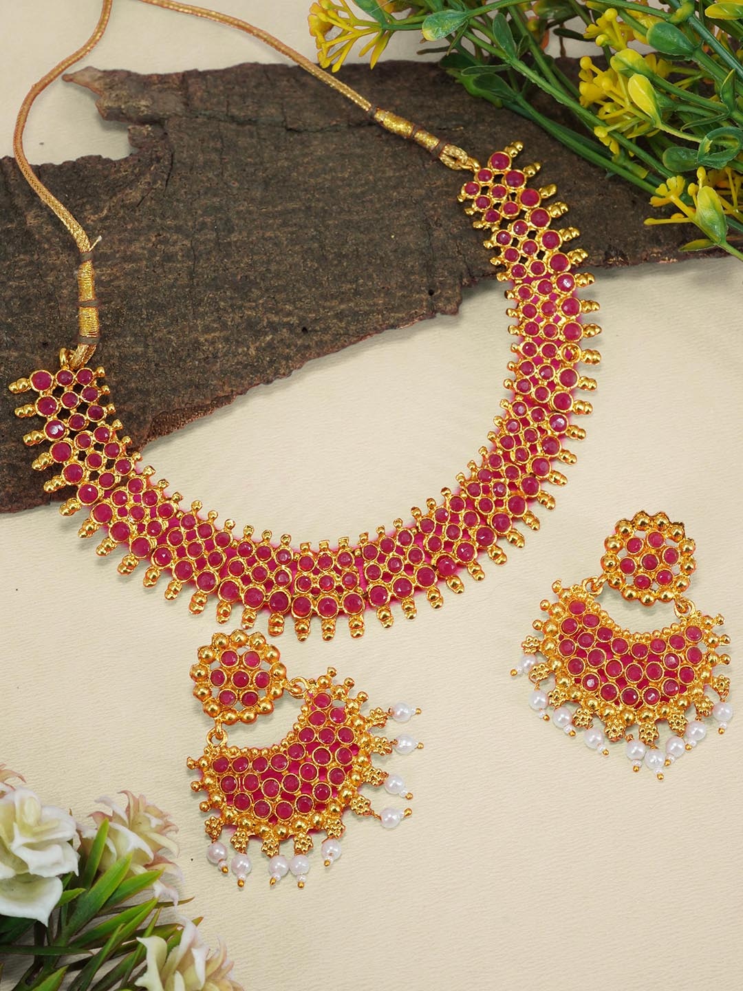 

GRIIHAM Gold-Plated AD-Studded & Beaded Necklace & Earrings
