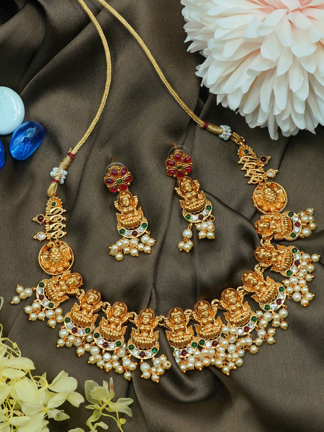 

GRIIHAM Gold-Plated AD-Studded & Beaded Jewellery Set