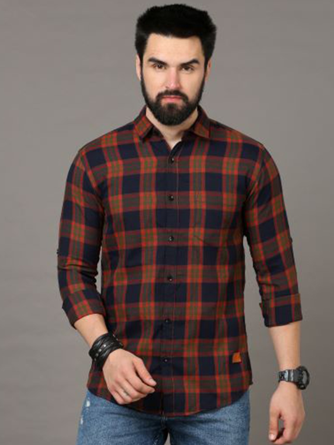 

Tallwalker Straight Slim Fit Tartan Checks Twill weave Cotton Casual Shirt, Orange