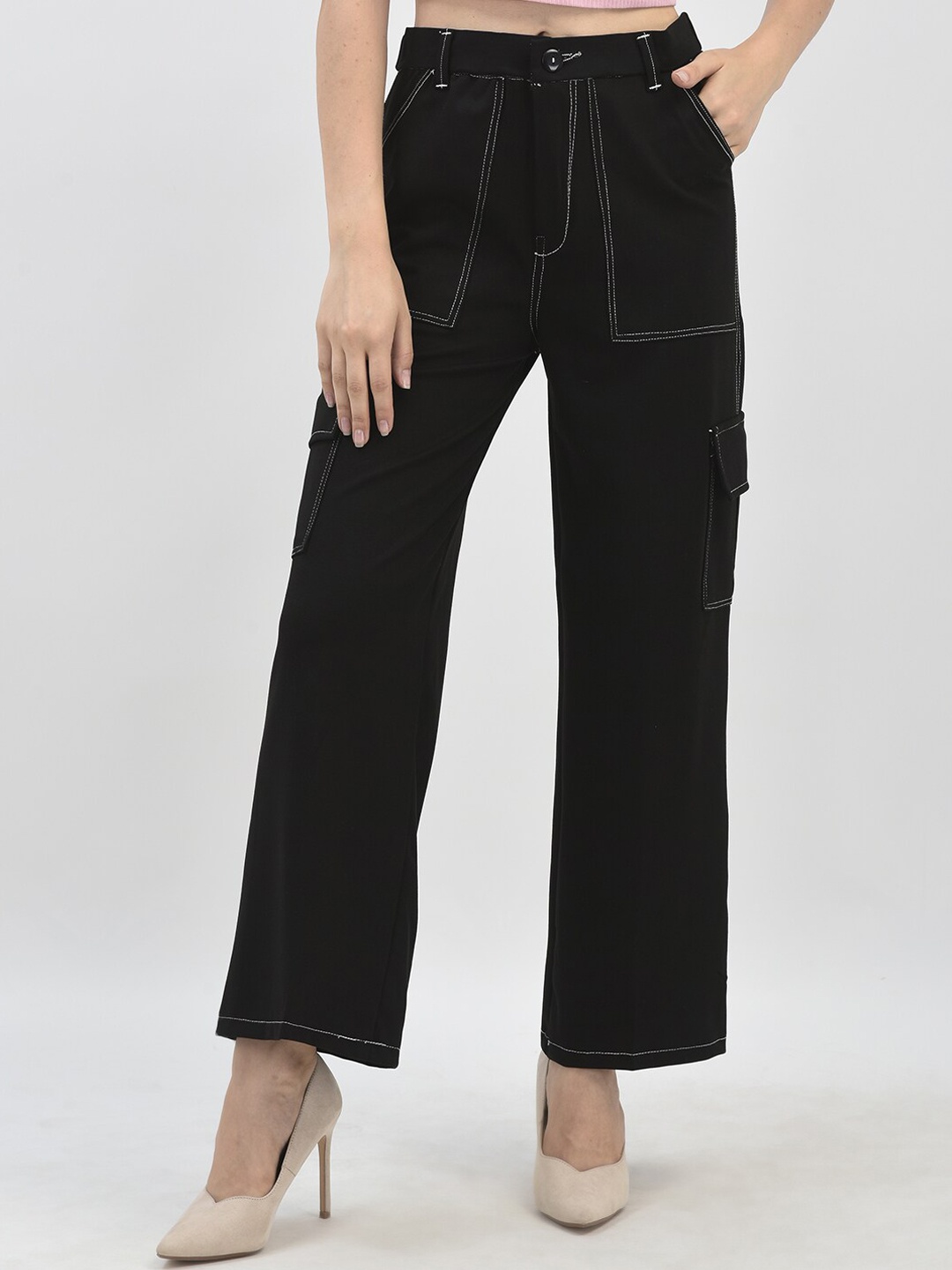 

FNOCKS Women Cargo Style Trouser with Contrast Thread, Black