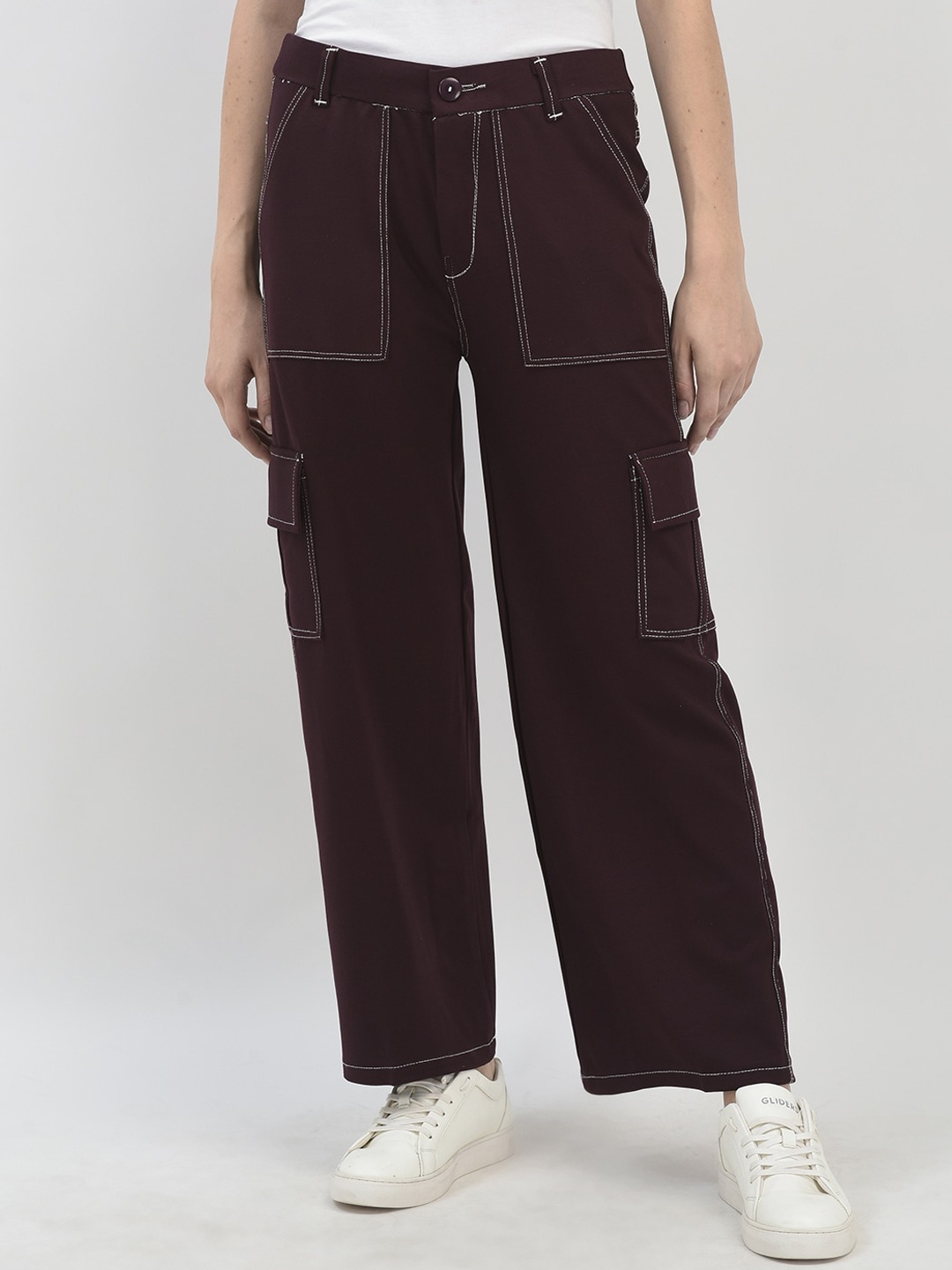 

FNOCKS Women Wine Cargos Trouser with Contrast Thread, Purple