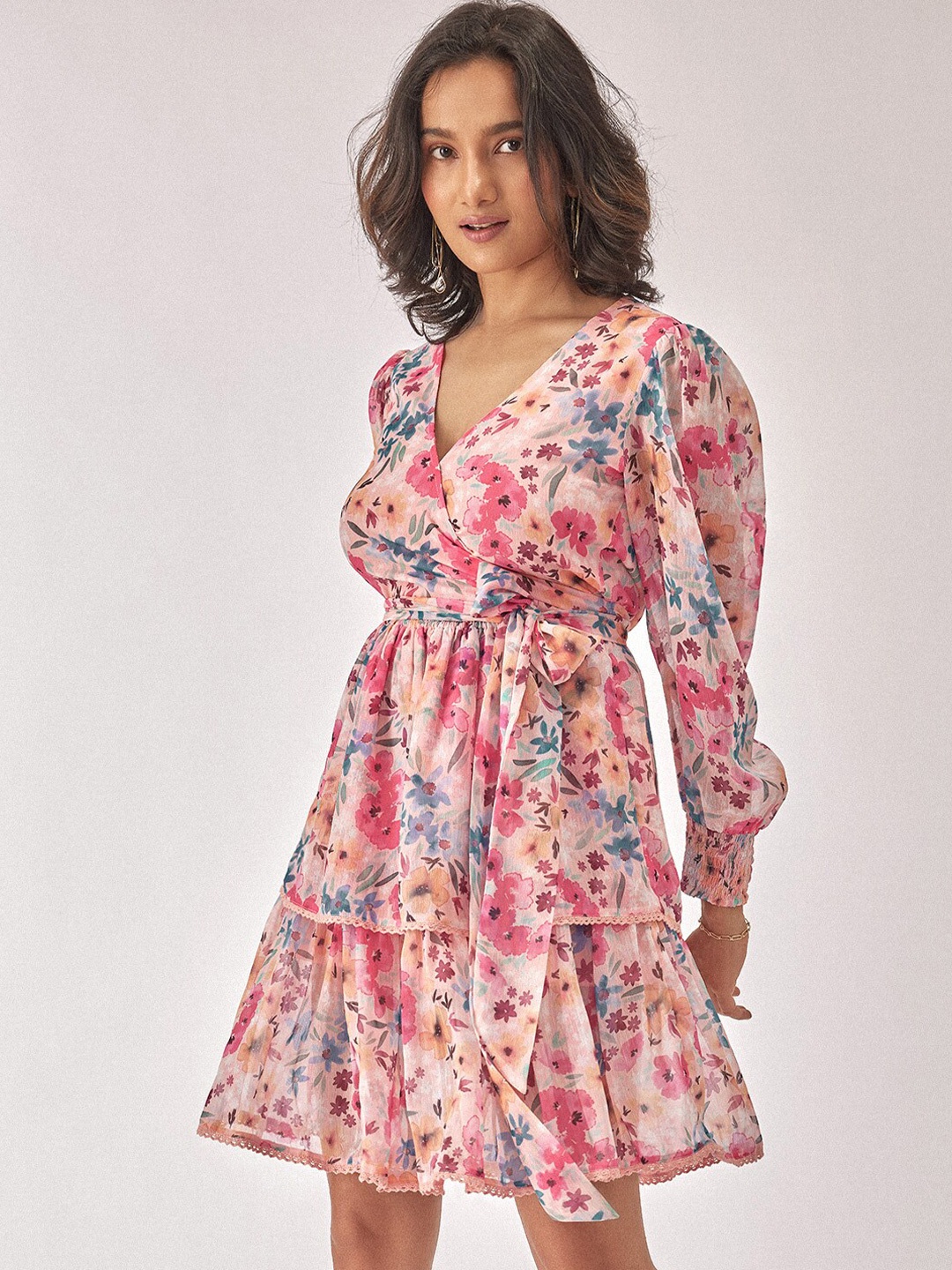 

The Label Life Floral Printed V-Neck Layered A-Line Dress, Pink