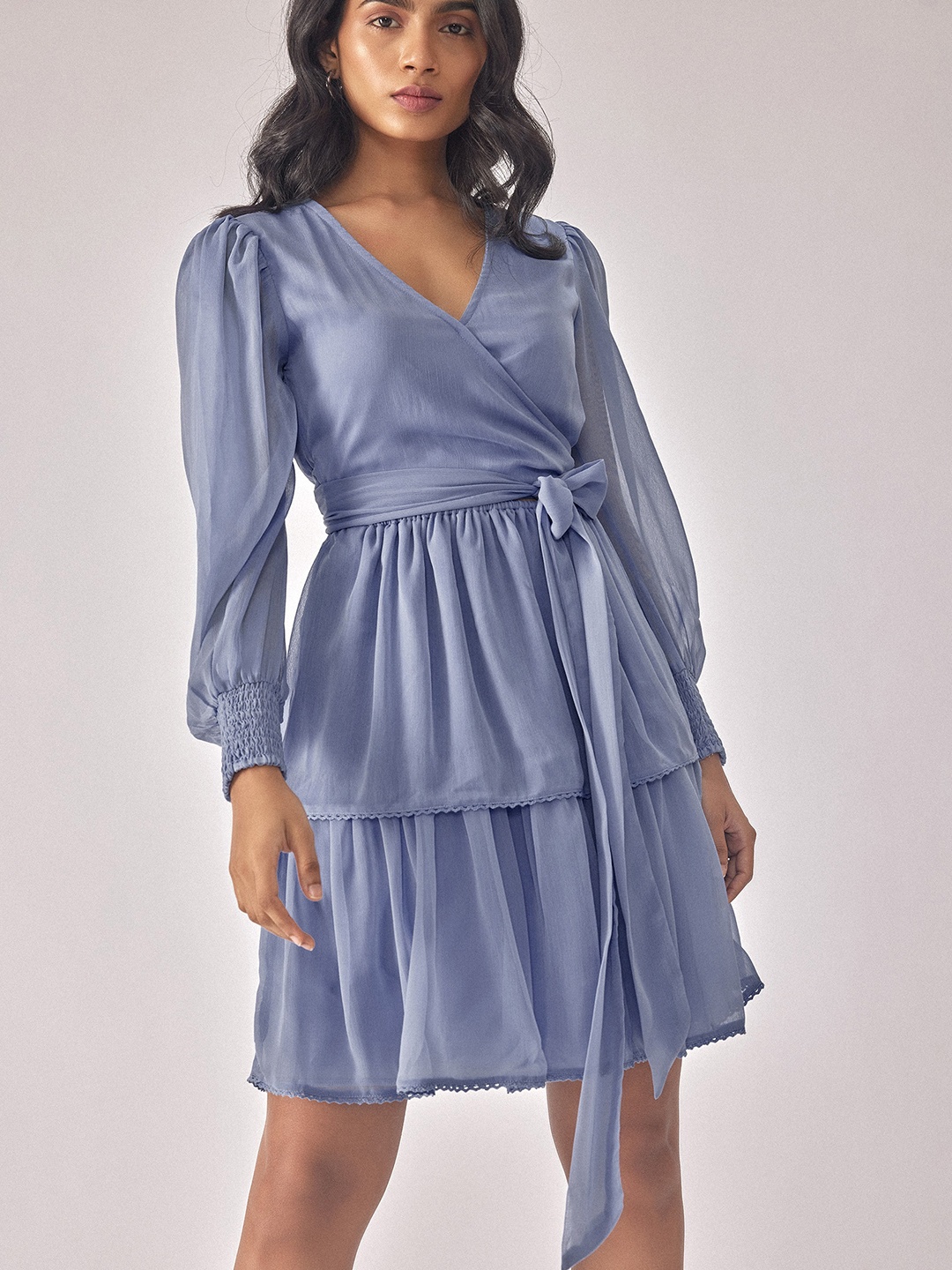 

The Label Life Puff Sleeve Tie Up & Layered Chiffon Wrap Dress, Blue