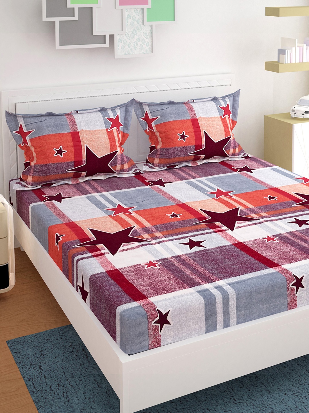 

CG HOMES Red & Mauve Printed 180 TC Queen Bedsheet With 2 Pillow Covers