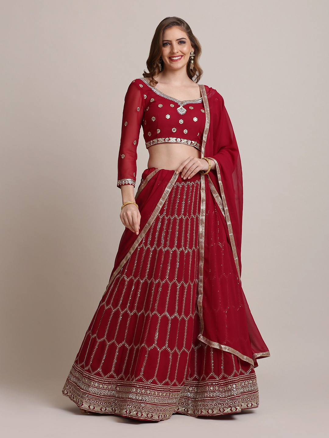 

Atsevam Embroidered Thread Work Semi-Stitched Lehenga & Unstitched Blouse With Dupatta, Pink