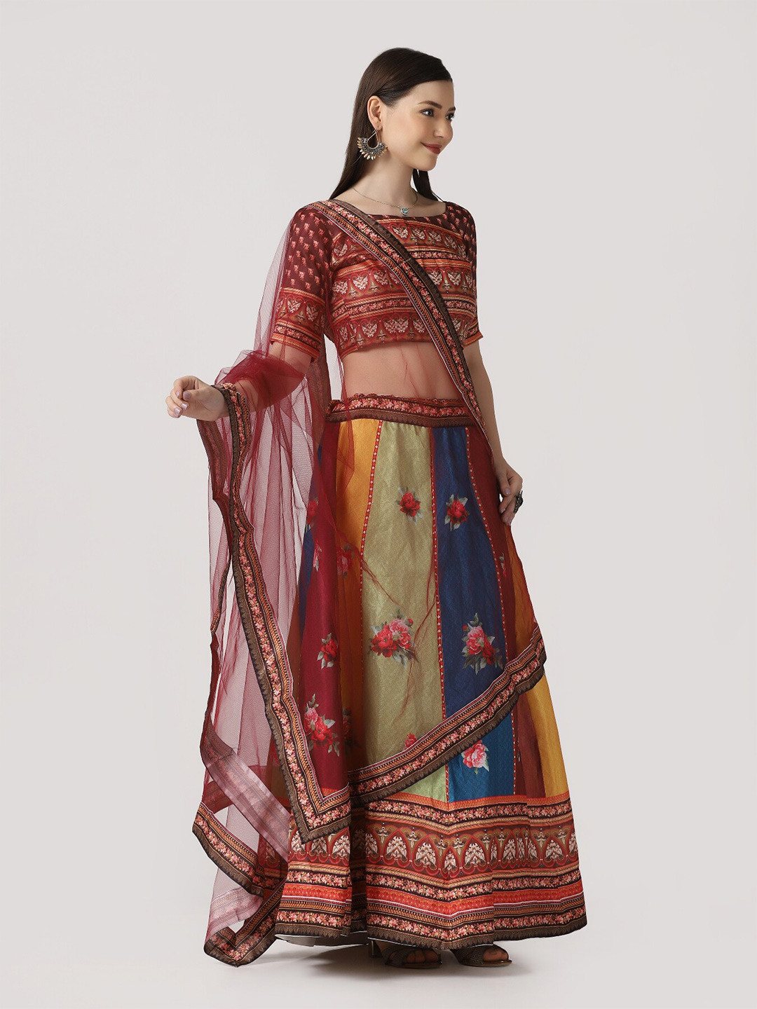 

Atsevam Printed Semi-Stitched Lehenga & Unstitched Blouse With Dupatta, Red