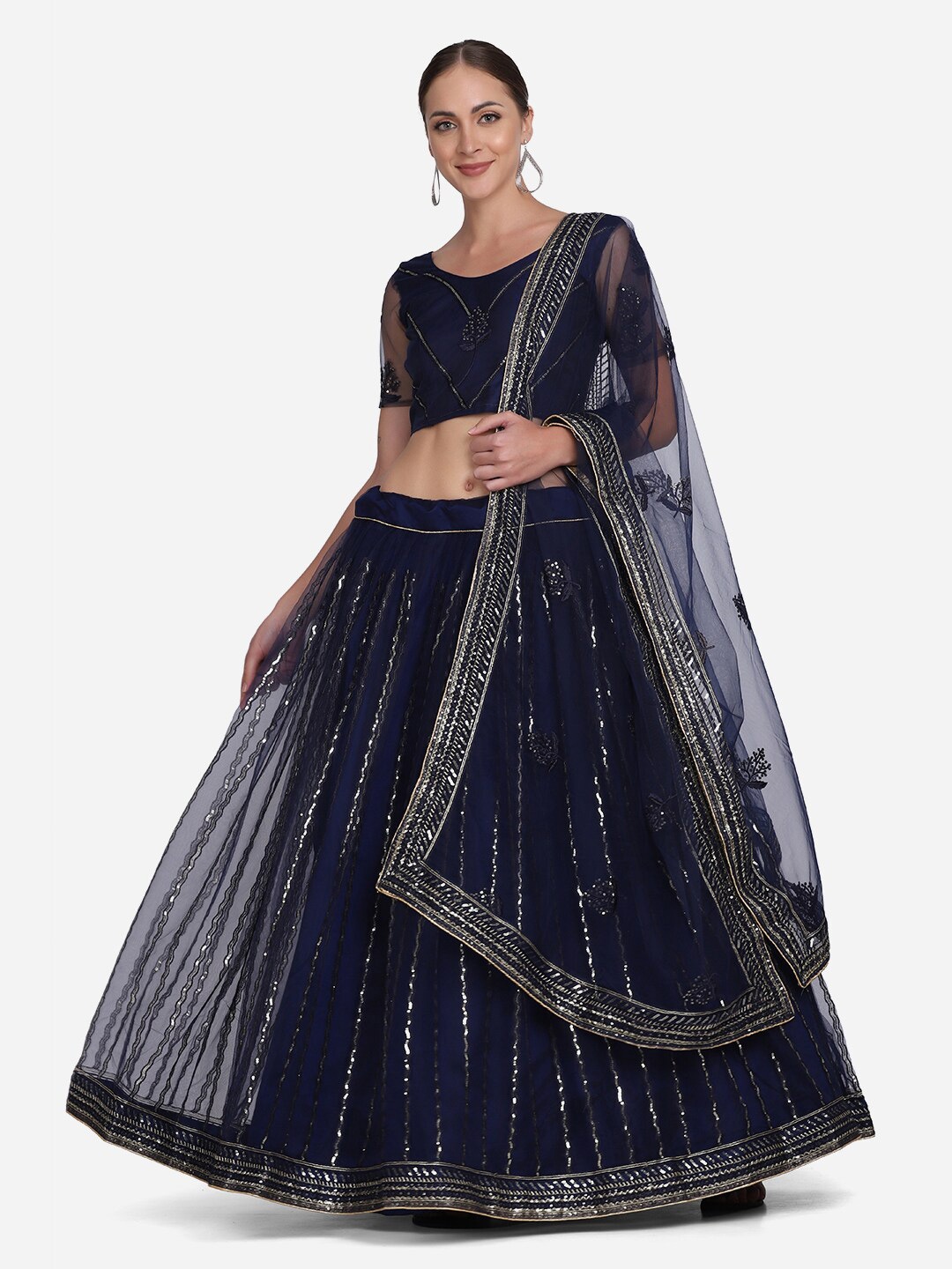 

Atsevam Embroidered Sequinned Semi-Stitched Lehenga & Unstitched Blouse With Dupatta, Navy blue