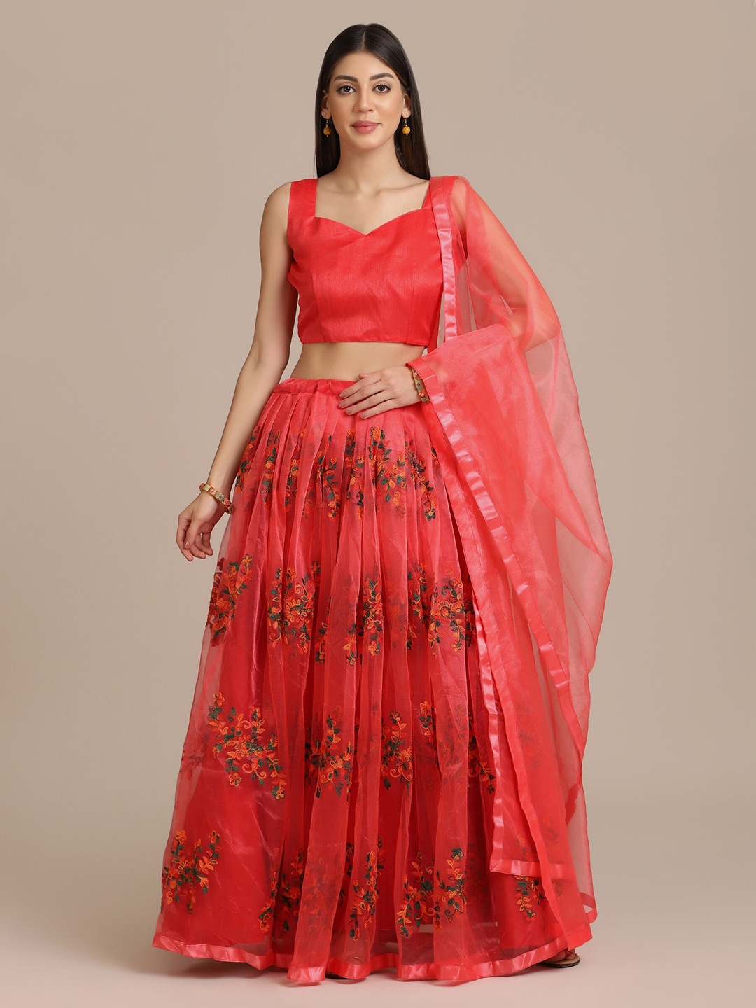 

Atsevam Embroidered Semi-Stitched Lehenga & Unstitched Blouse With Dupatta, Red