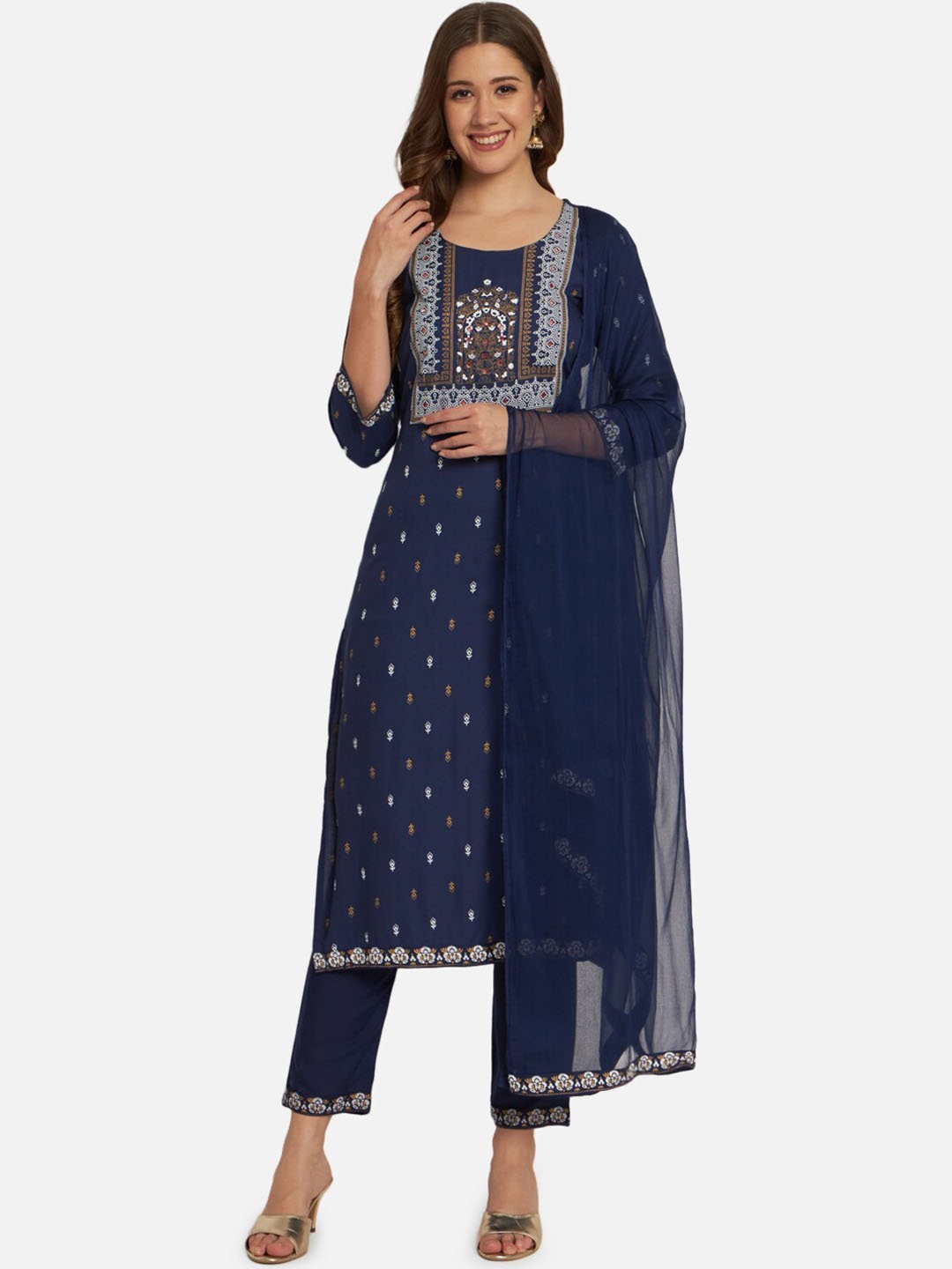 

KALINI Ethnic Motifs Printed Kurta with Trousers & Dupatta, Navy blue