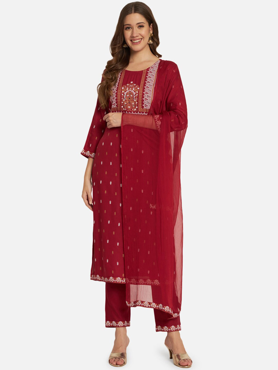 

KALINI Ethnic Motifs Yoke Design Regular Kurta With Trousers & Dupatta, Maroon