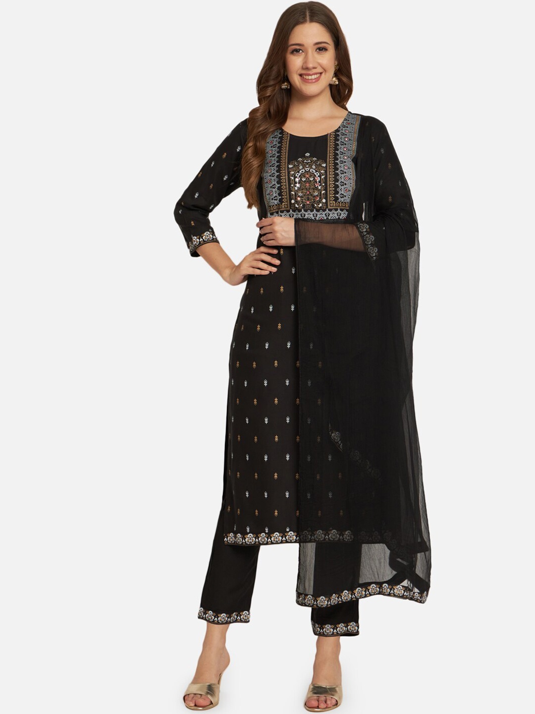 

KALINIEthnic Motifs Yoke Design Kurta With Trousers & With Dupatta, Black
