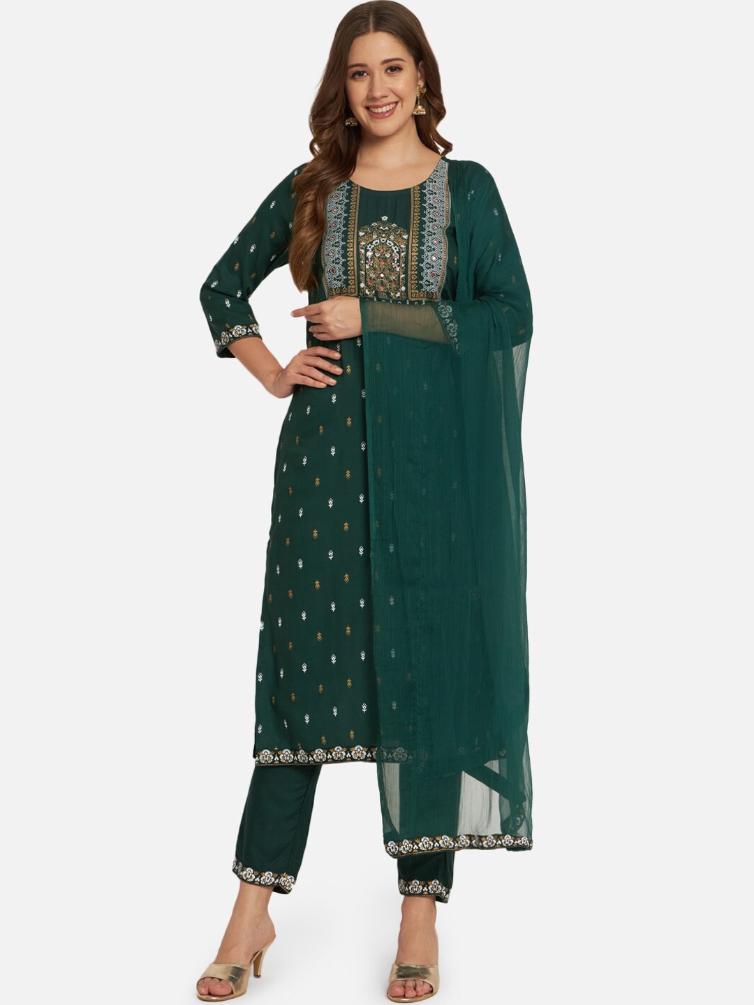 

KALINI Ethnic Motifs Yoke Design Regular Kurta With Trousers & With Dupatta, Green