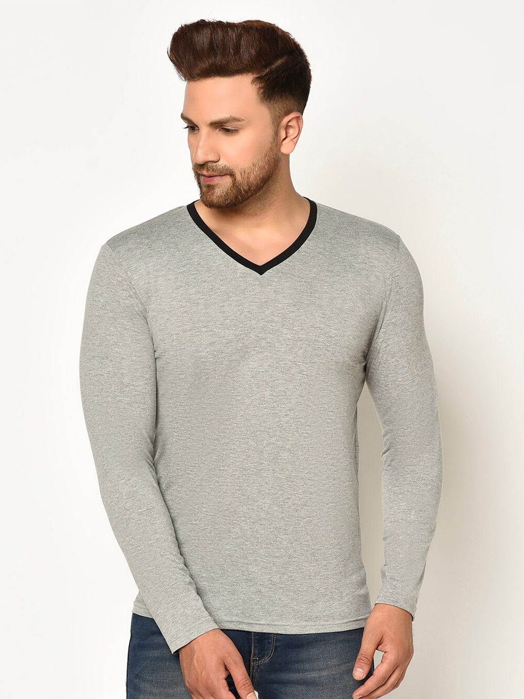 

GLITO V-Neck Cotton T-shirt, Grey melange