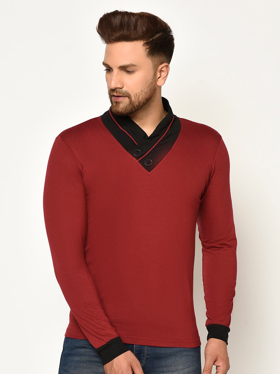 

GLITO V-Neck Cotton Casual T-shirt, Maroon