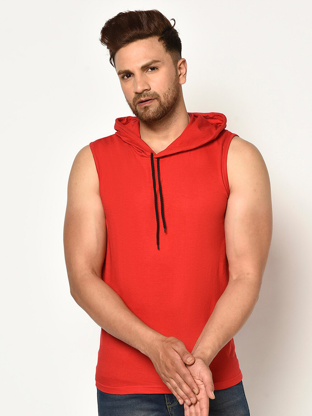 

GLITO Solid Hooded Pure Cotton T-shirt, Red