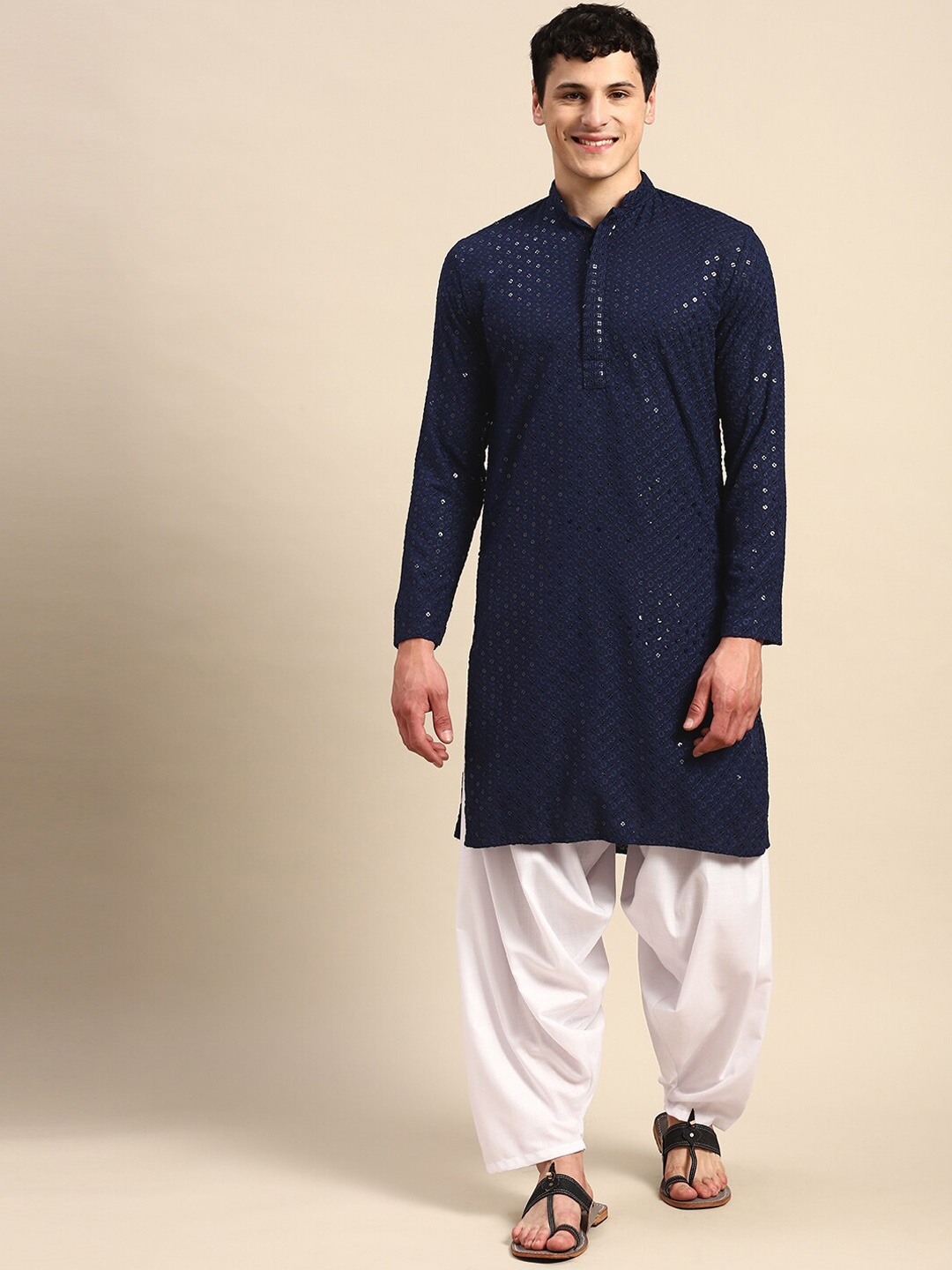 

Molly & Michel Ethnic Motifs Embroidered Sequinned Pure Cotton Kurta, Blue