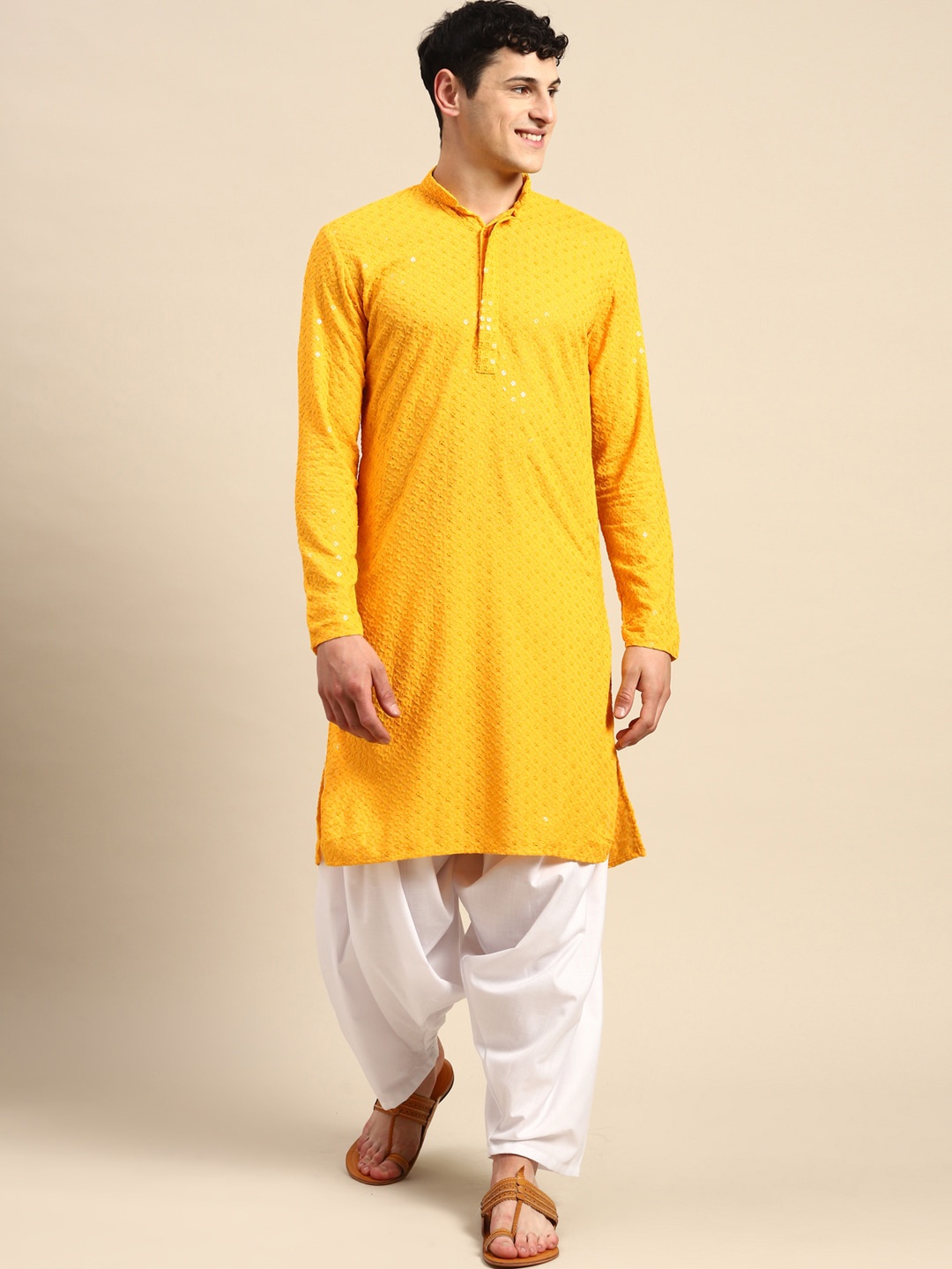 

Molly & Michel Ethnic Motifs Embroidered Sequinned Pure Cotton Kurta, Yellow