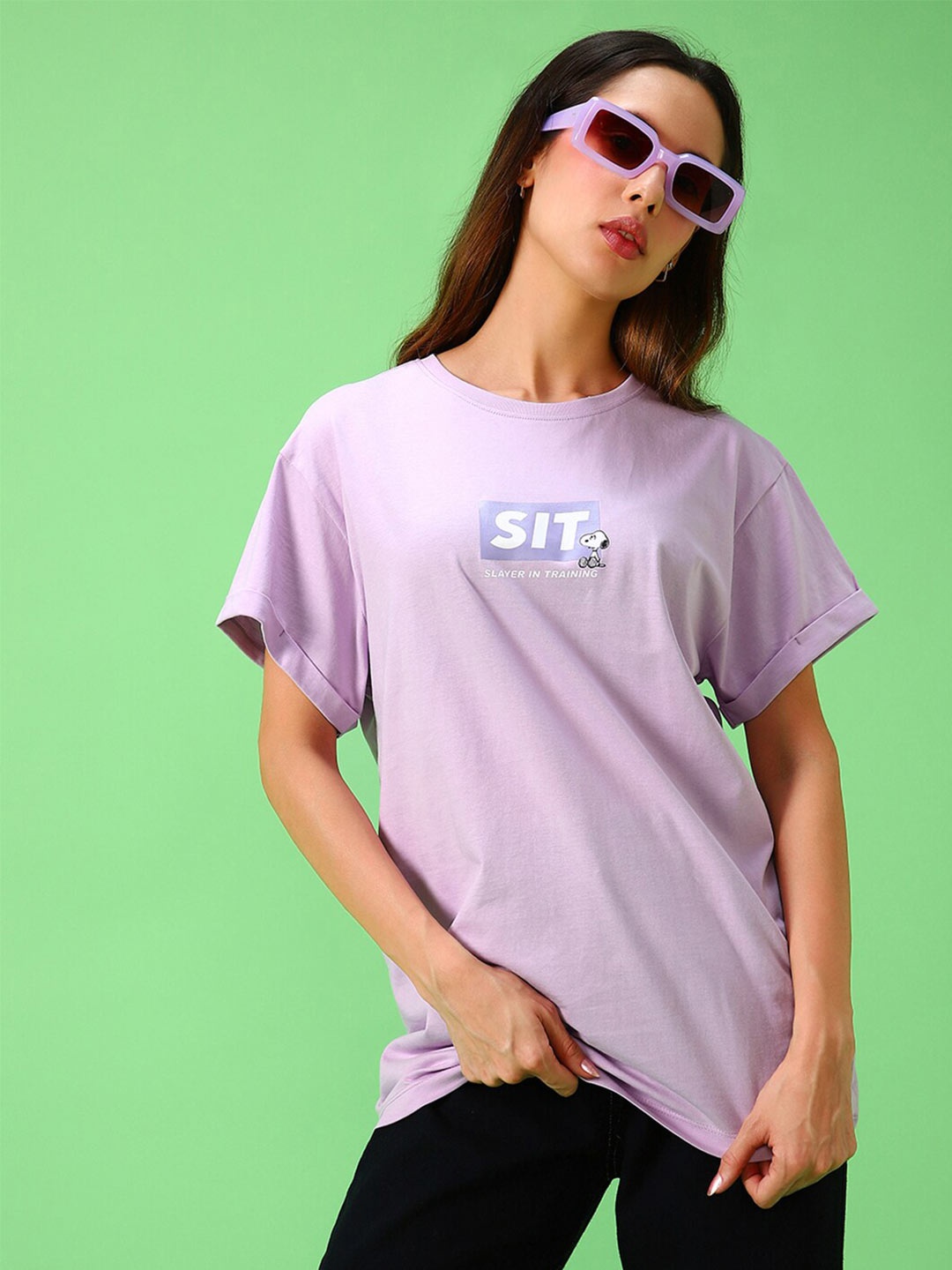 

Bewakoof x Official Peanuts Merchandise Snoopy King Back Print Boyfriend Fit T-shirt, Purple